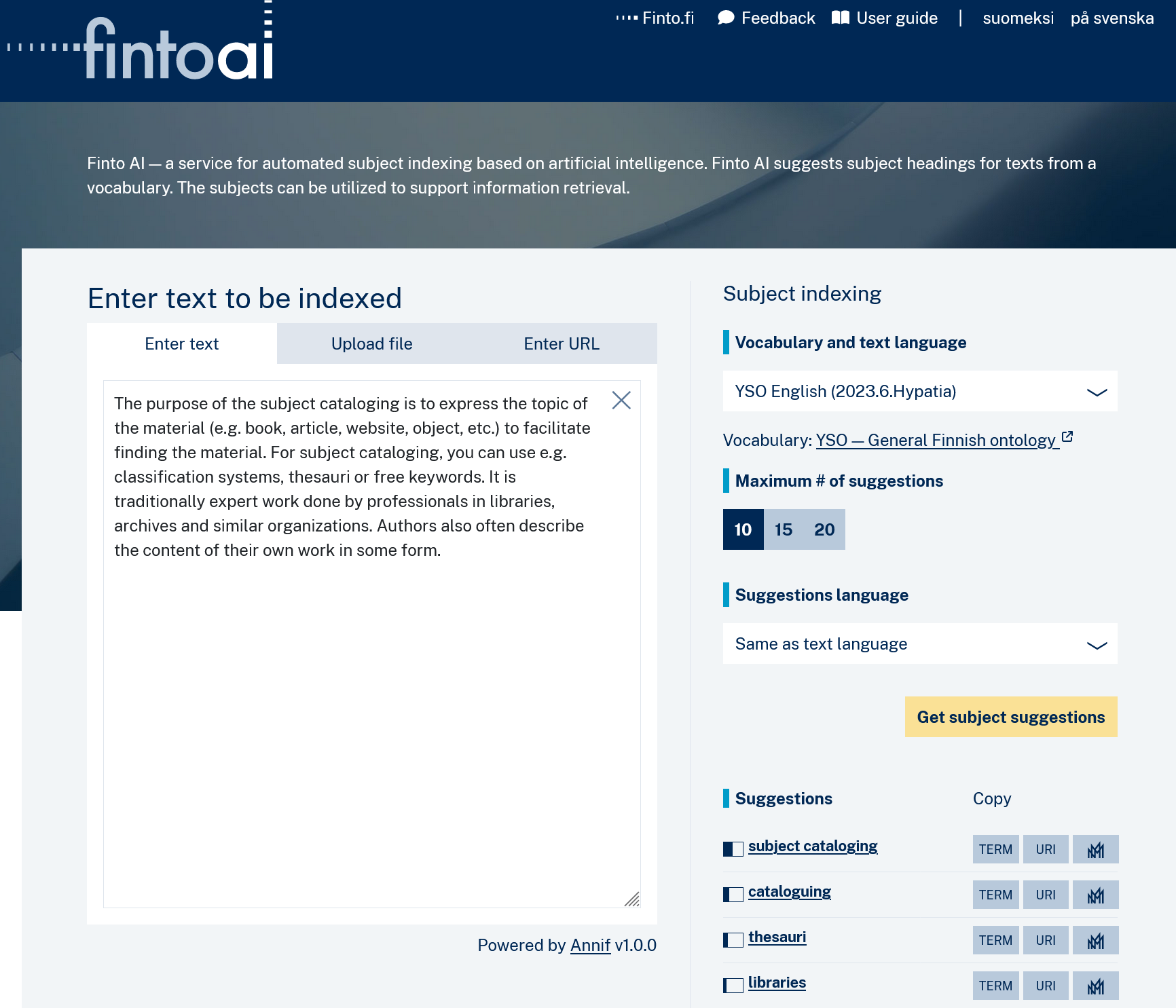 Screenshot of Finto AI frontpage