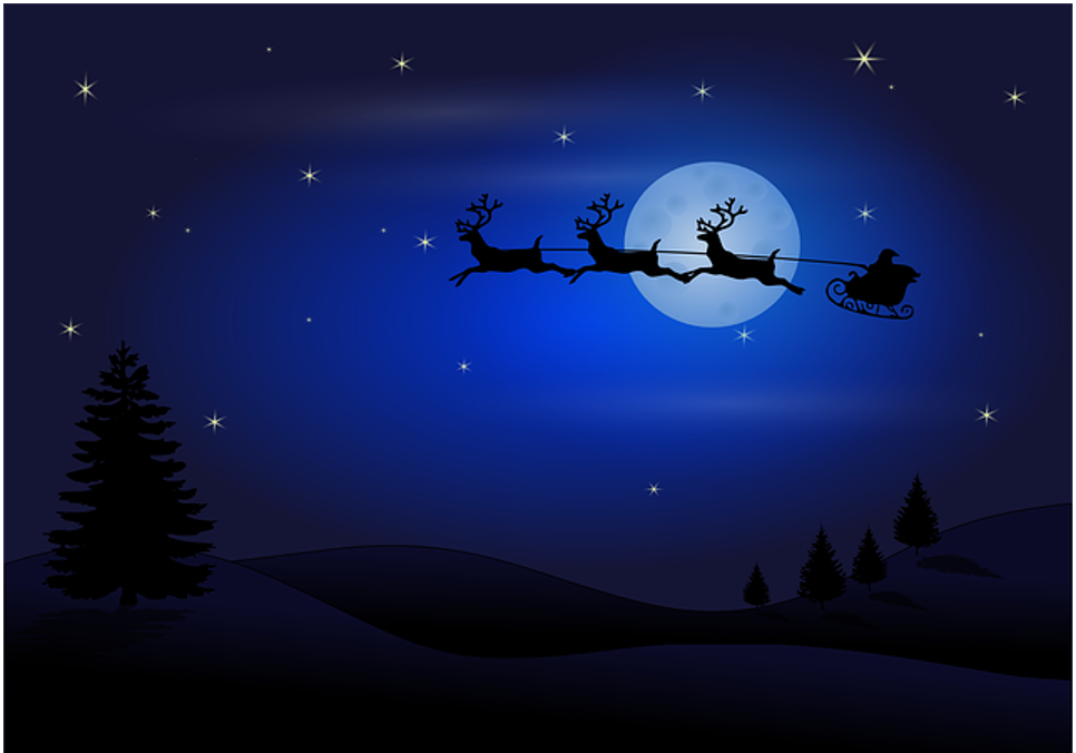 Öisellä tähtitaivaalla kolmen poron vetämässä reessä istuu joulupukki.